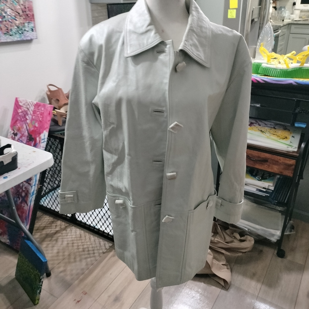 Vintage 80s BRAEFAIR Leather trench coat, Artsy Icy Blue wearable art, S 8 - Picture 14 of 14
